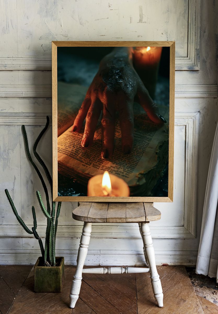 Candlelit Hand on Open Book Poster. — room view 1