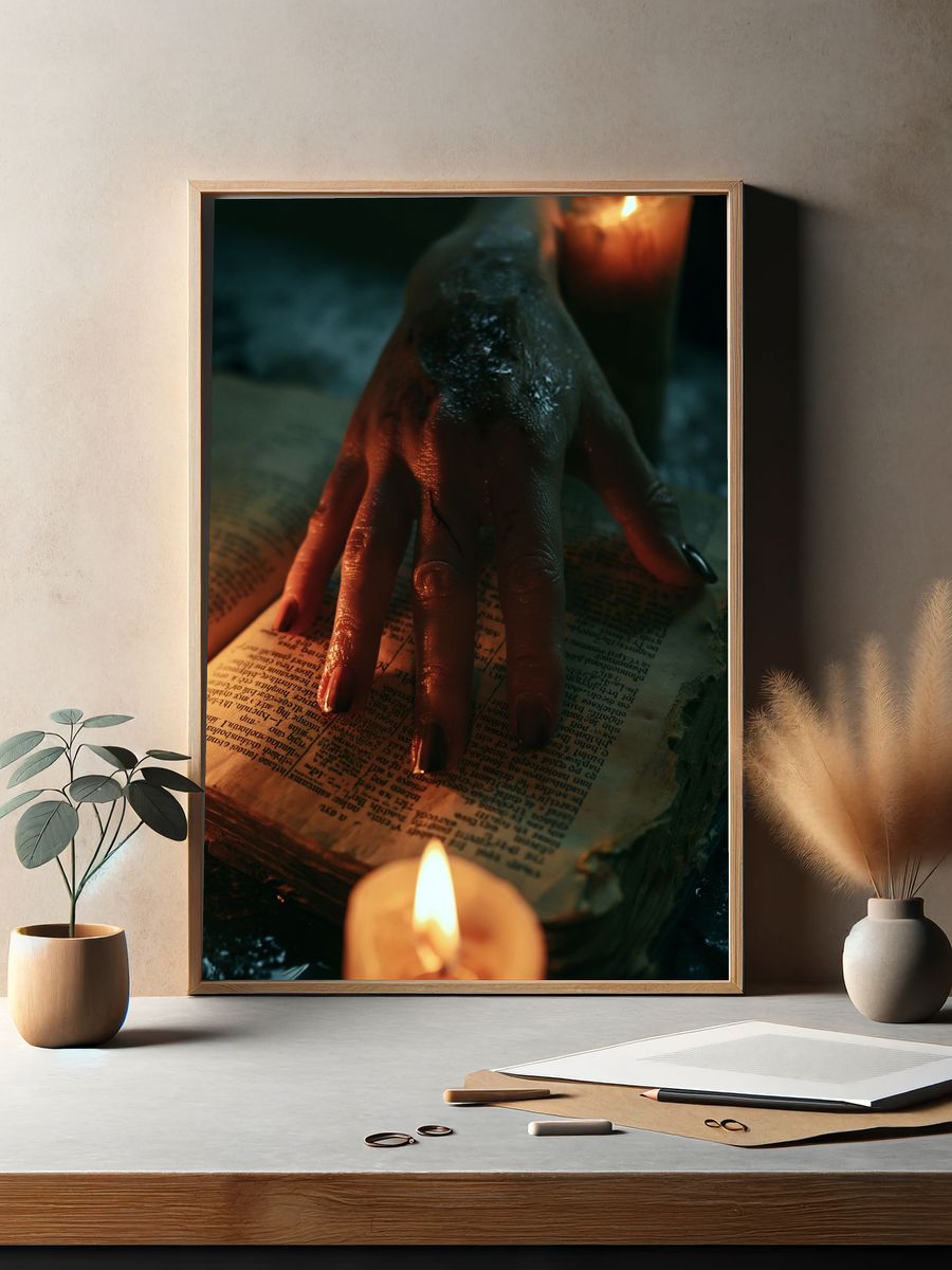 Candlelit Hand on Open Book Poster. — room view 2