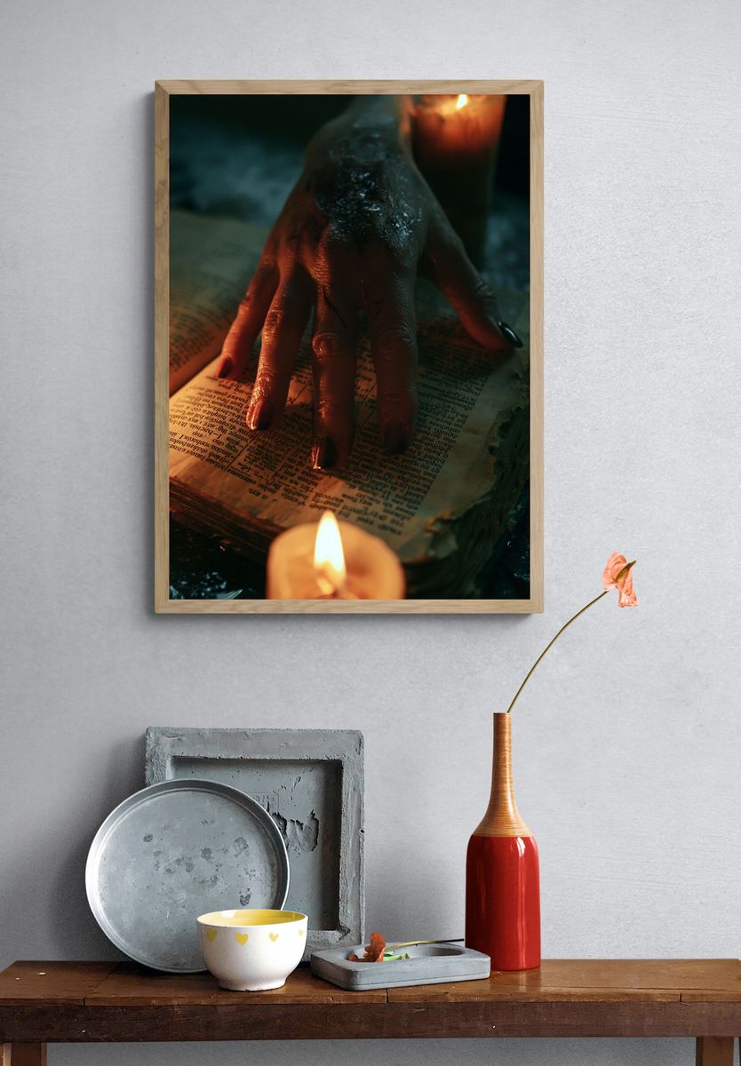 Candlelit Hand on Open Book Poster. — room view 3