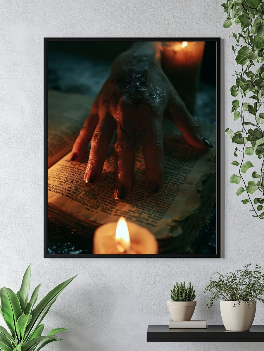 Candlelit Hand on Open Book Poster. — room view 4