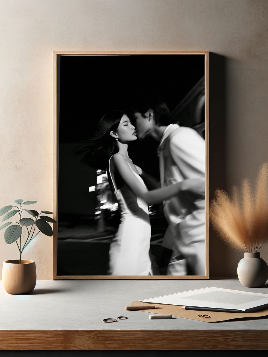 Romantic Kiss Black-White Poster. — room view 2