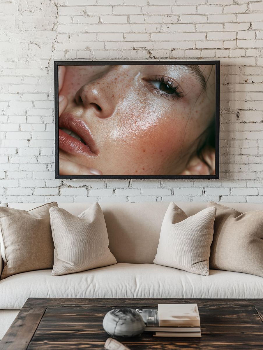 Freckled Face Close-Up Photography Poster. room preview