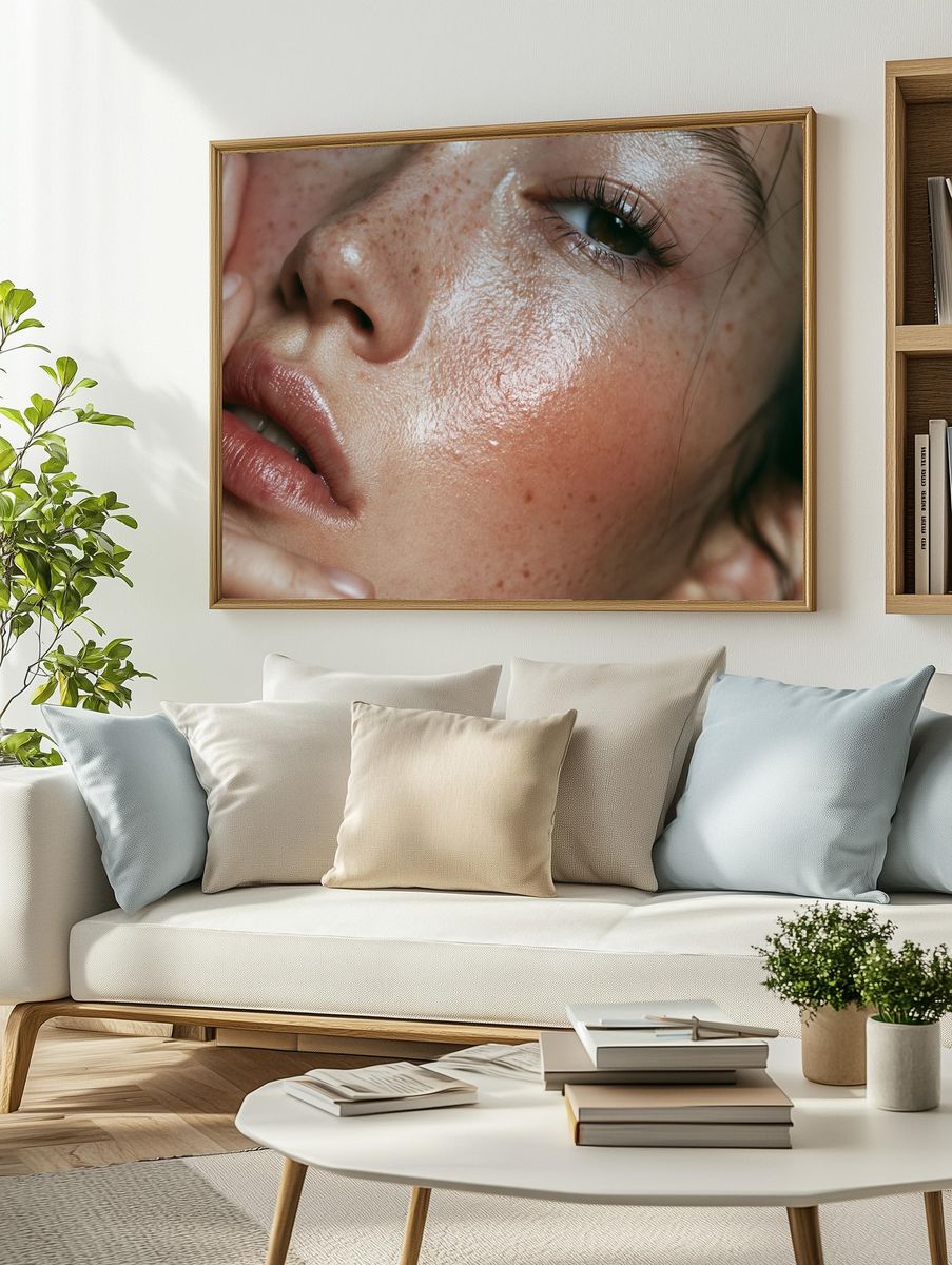 Freckled Face Close-Up Photography Poster. — room view 2