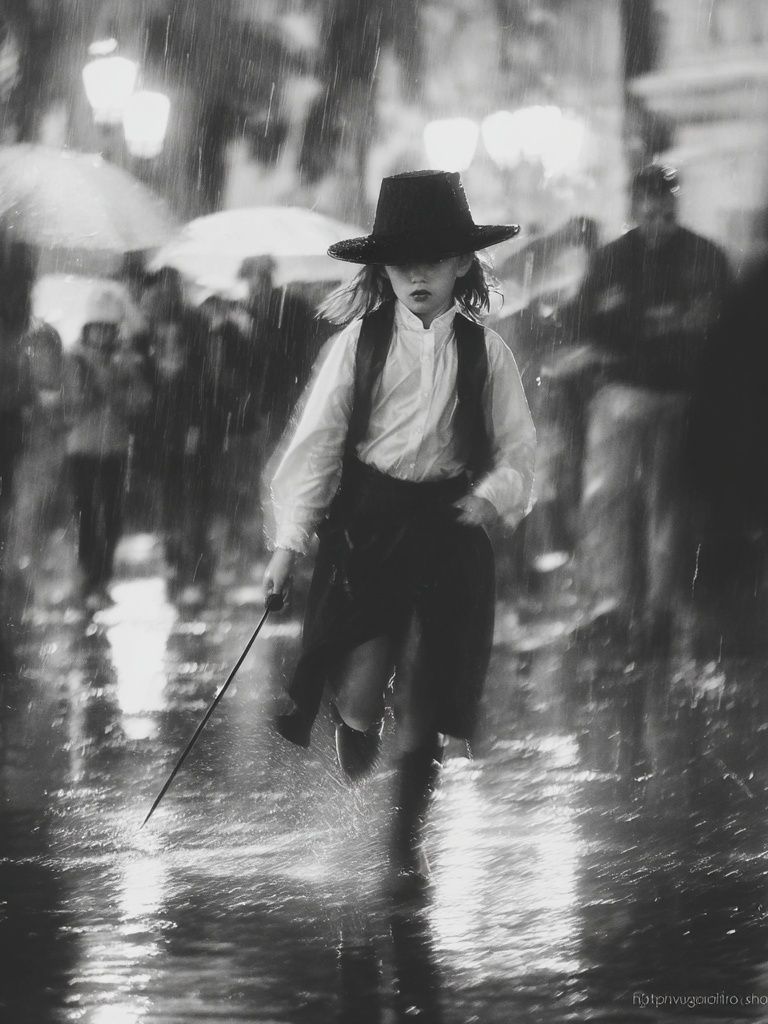 Rainy Street Girl Black-White Poster. poster detail