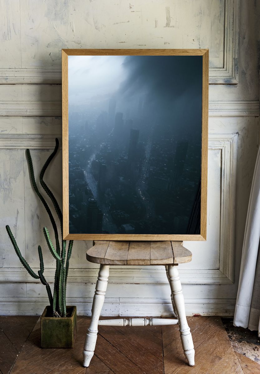 Misty City Skyline Photography Poster. — room view 1