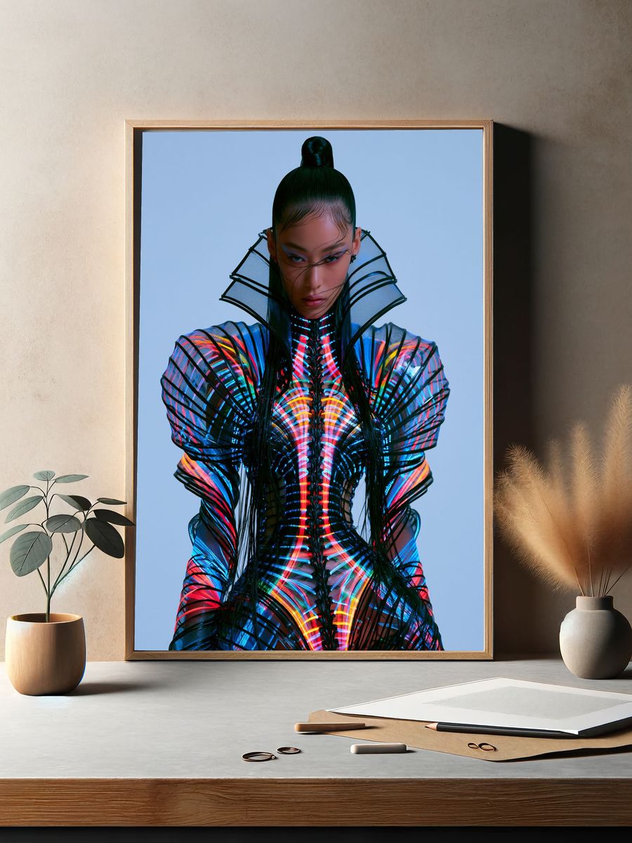 Futuristic Neon Fashion Portrait Print. — room view 2
