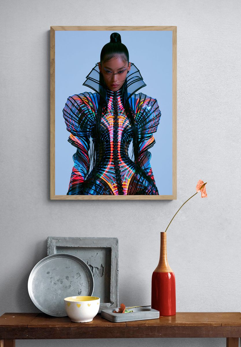 Futuristic Neon Fashion Portrait Print. — room view 3