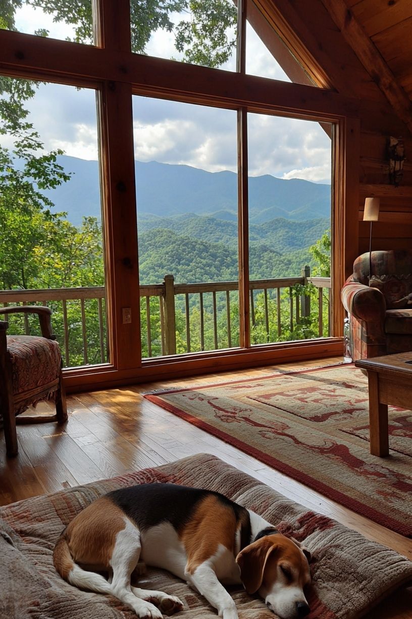 Mountain Cabin with Sleeping Beagle Poster. poster detail
