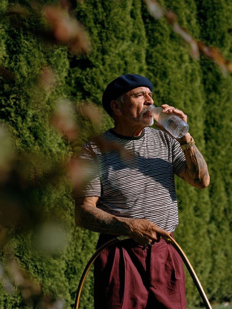Man in Beret Drinking Water Poster. poster detail