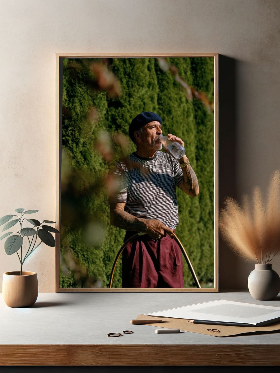 Man in Beret Drinking Water Poster. — room view 2