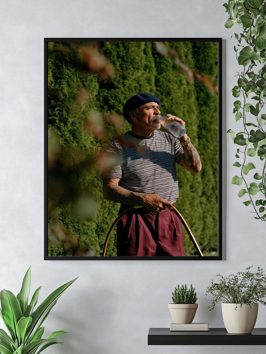 Man in Beret Drinking Water Poster. — room view 4