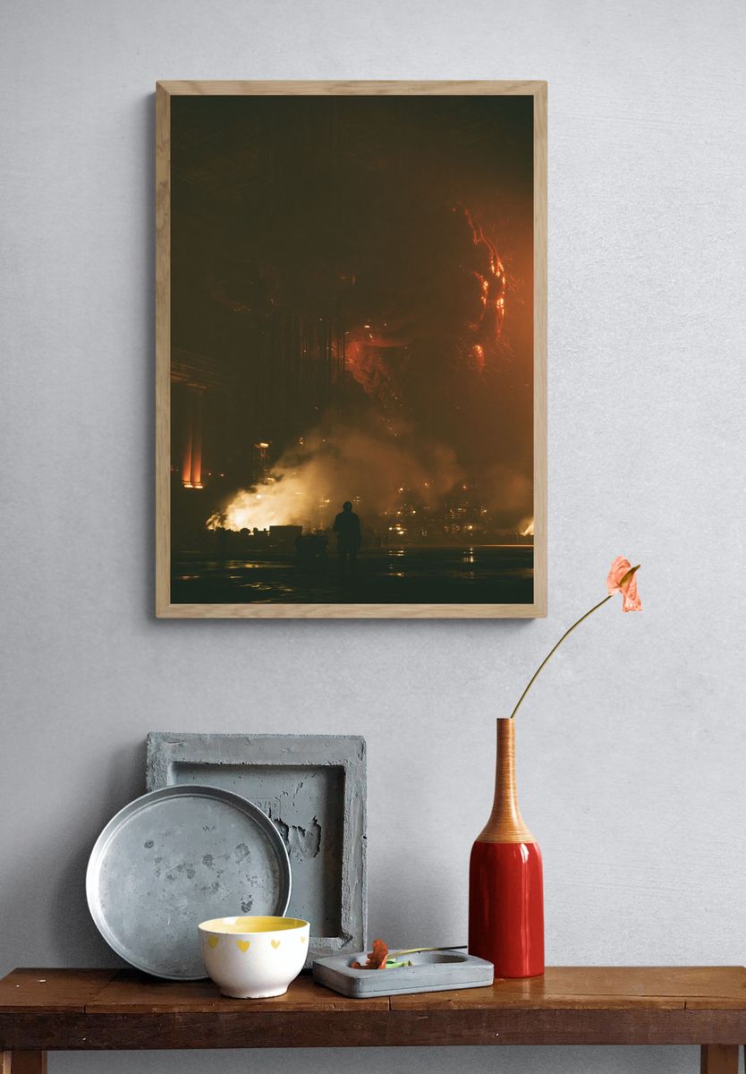 Industrial Fire Scene Photography Poster. — room view 3