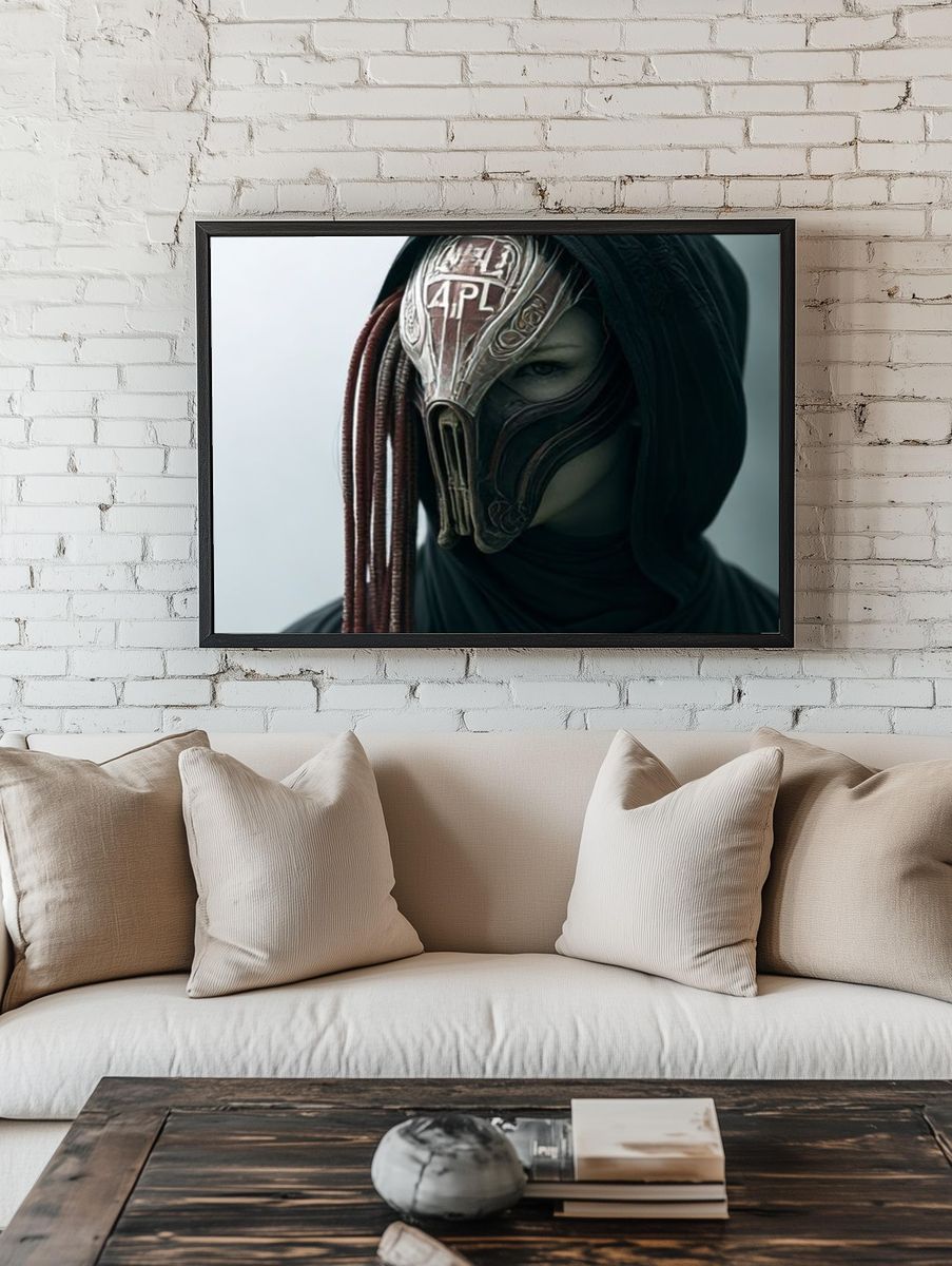 Masked Hooded Figure Dark Portrait Print. — room view 1