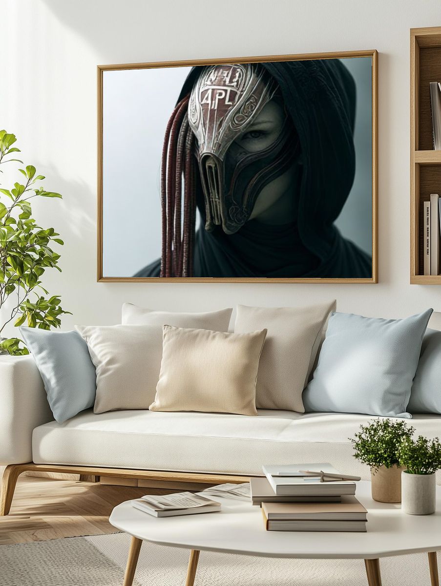 Masked Hooded Figure Dark Portrait Print. — room view 2