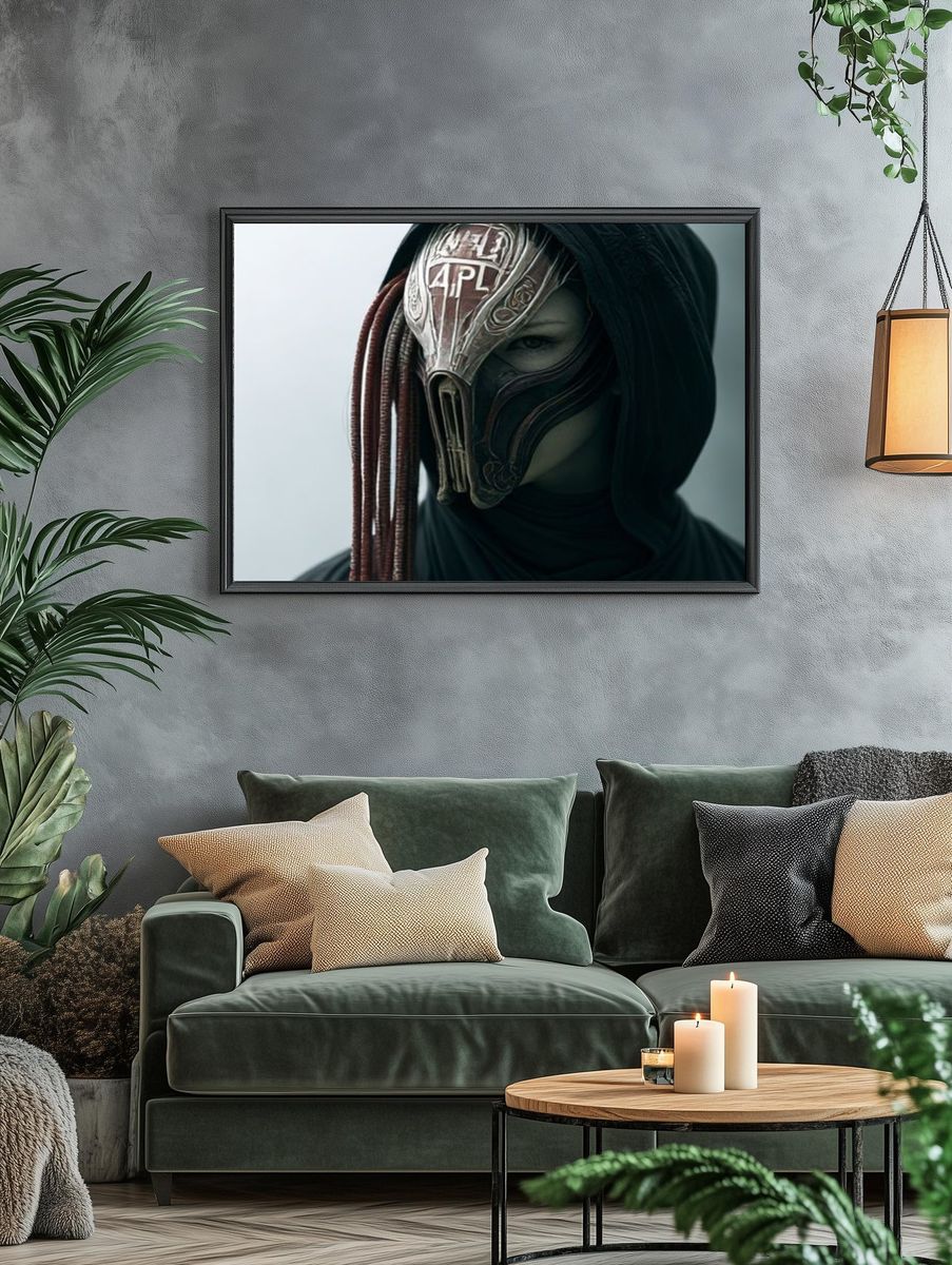Masked Hooded Figure Dark Portrait Print. — room view 4