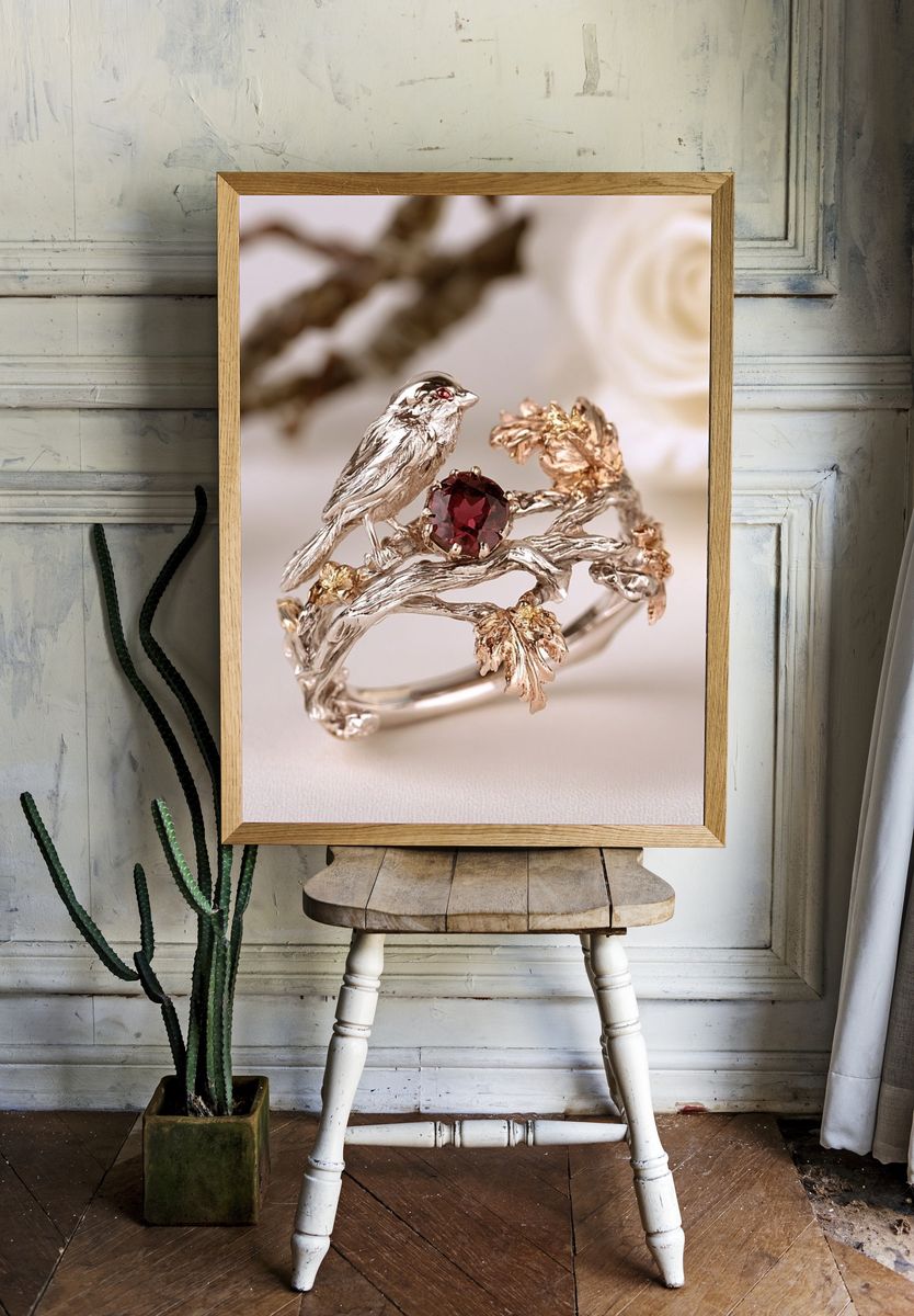 Bird and Garnet Jewelry Photography Poster. — room view 1