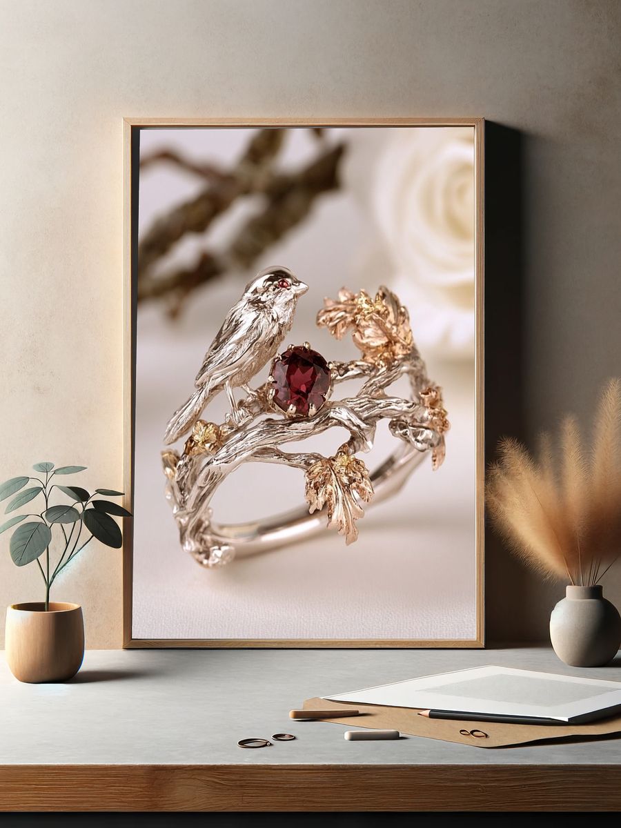 Bird and Garnet Jewelry Photography Poster. — room view 2