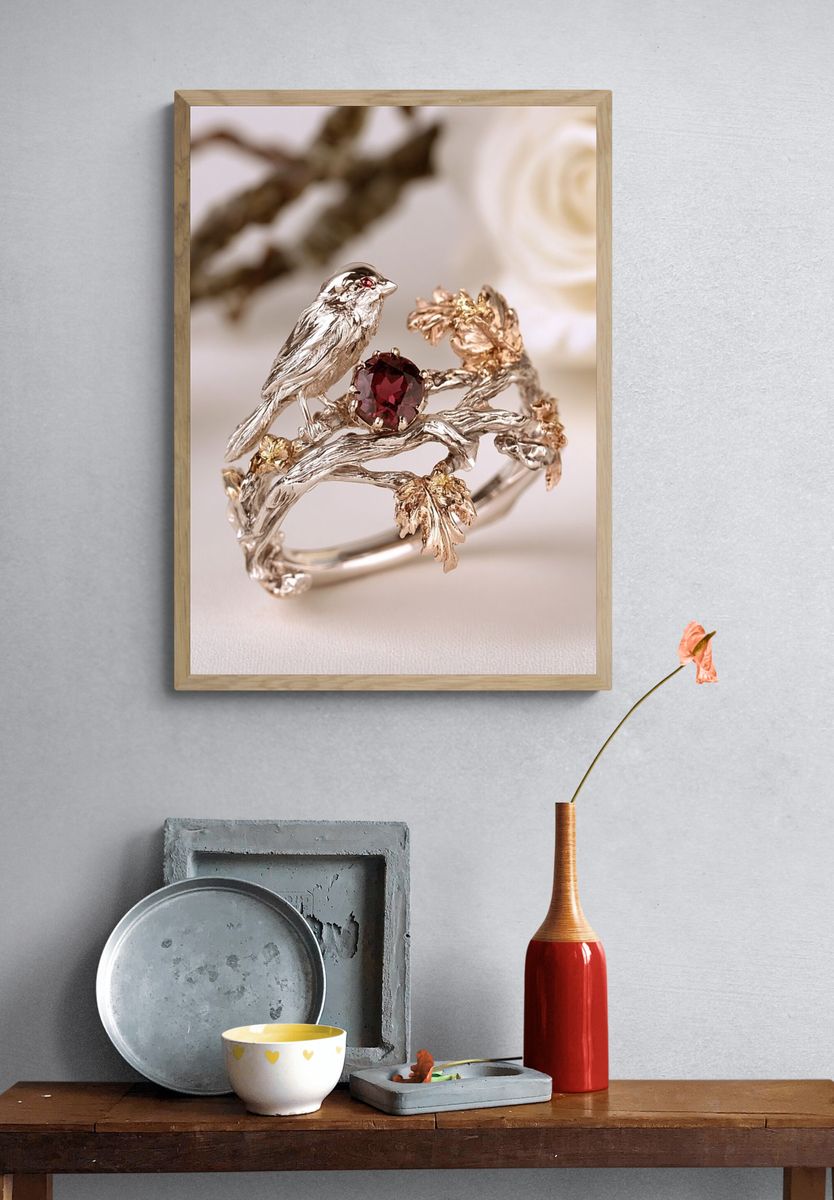 Bird and Garnet Jewelry Photography Poster. — room view 3