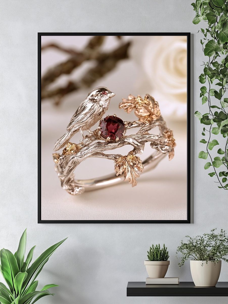Bird and Garnet Jewelry Photography Poster. — room view 4