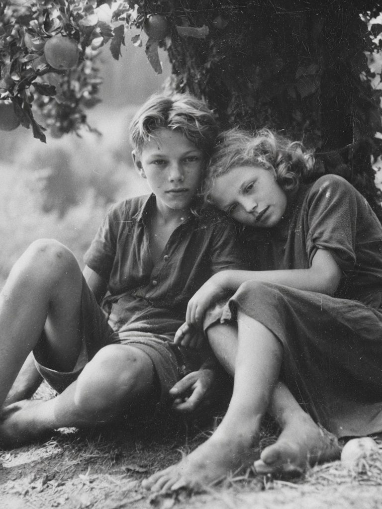 Children Under Apple Tree Black-White Print. poster — photography art