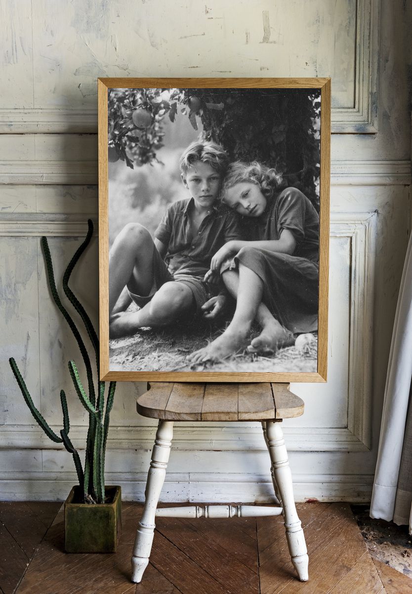 Children Under Apple Tree Black-White Print. room preview