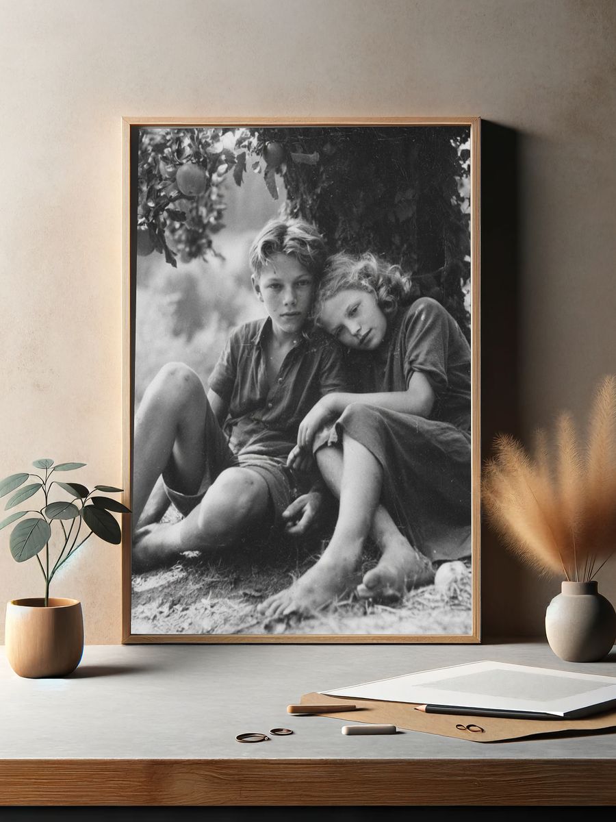 Children Under Apple Tree Black-White Print. — room view 2