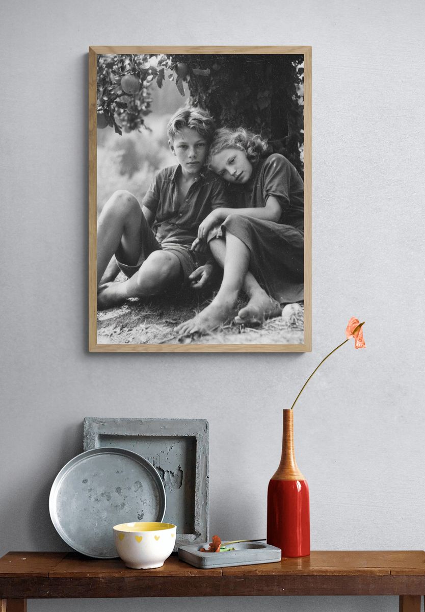 Children Under Apple Tree Black-White Print. — room view 3