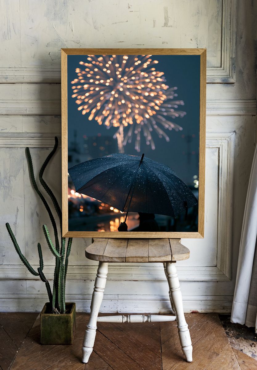 Rainy Fireworks Photography Poster. — room view 1
