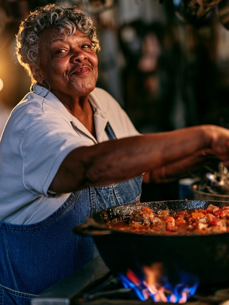 Smiling Cook at the Stove Photography Poster. poster detail