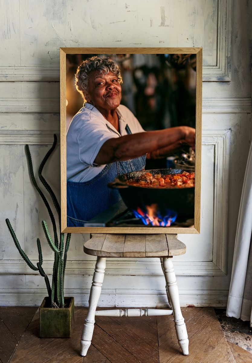 Smiling Cook at the Stove Photography Poster. — room view 1