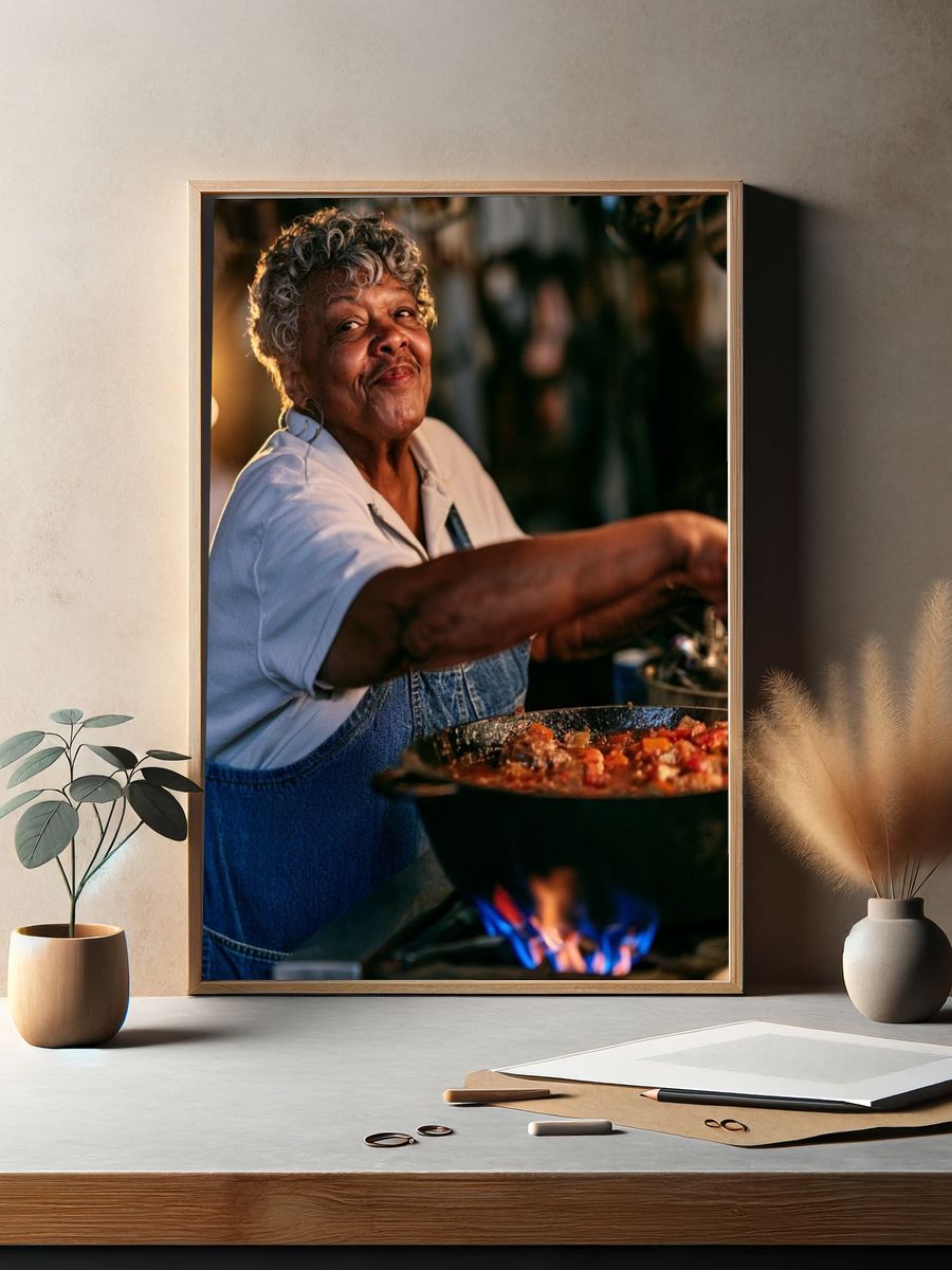Smiling Cook at the Stove Photography Poster. — room view 2