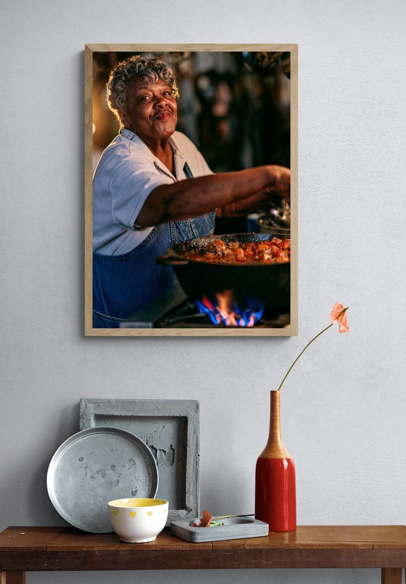 Smiling Cook at the Stove Photography Poster. — room view 3