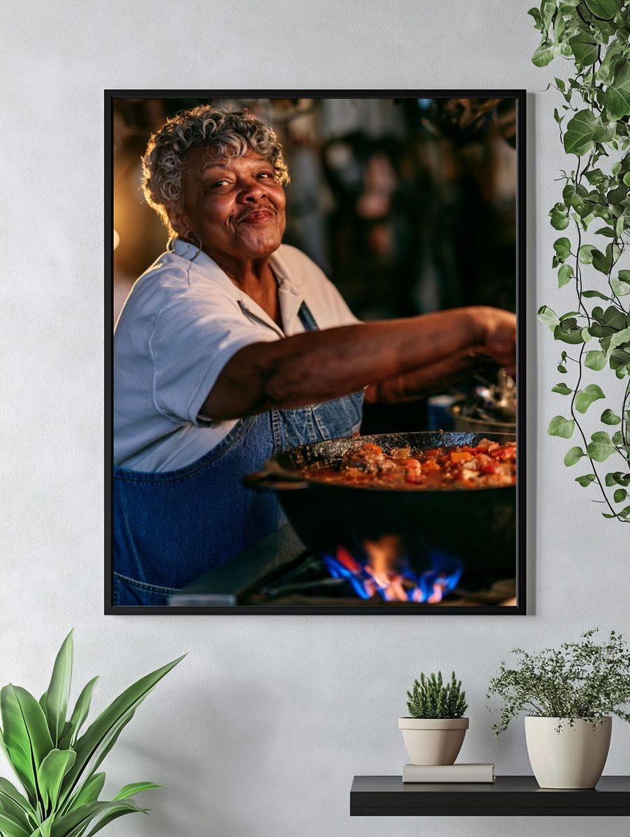 Smiling Cook at the Stove Photography Poster. — room view 4