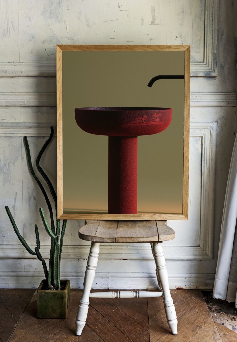 Red Sculptural Sink Photography Poster. — room view 1