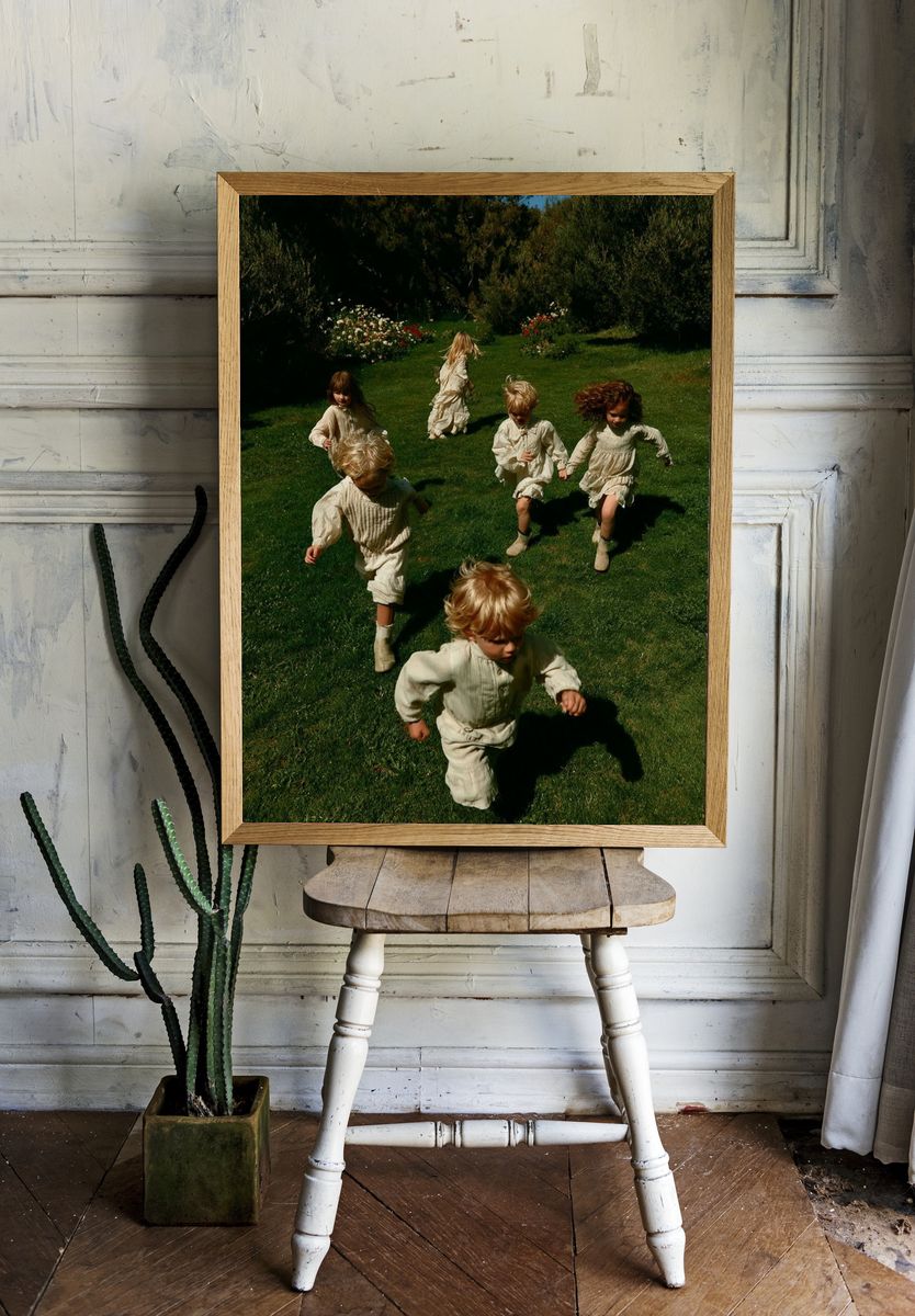 Children Running in Garden Photography Poster. — room view 1