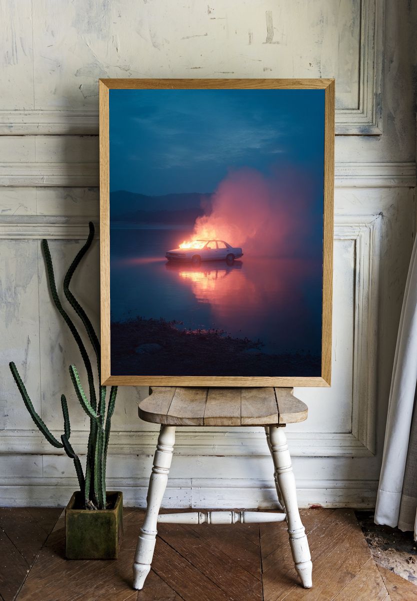Burning Car at Dusk Photography Poster. — room view 1