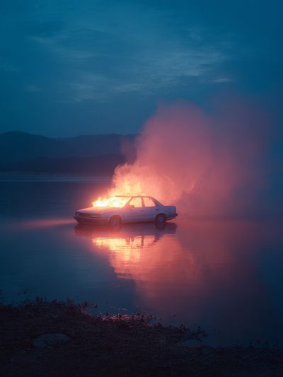 Burning Car at Dusk Photography Poster. poster print