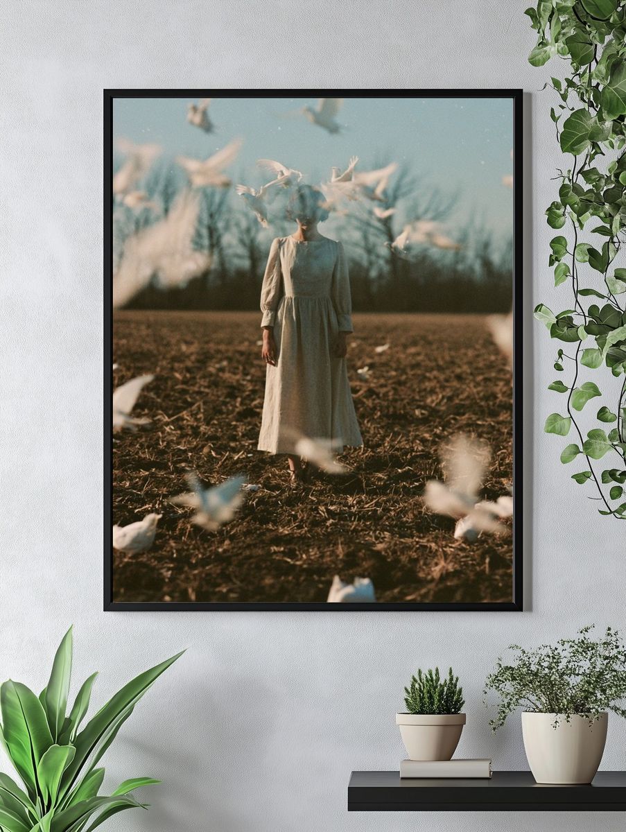 Dreamlike Dove Field Photography Poster. — room view 4