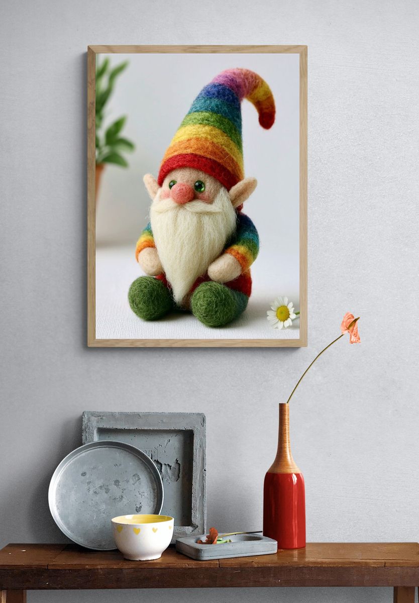 Rainbow Felt Gnome Photography Poster. — room view 3