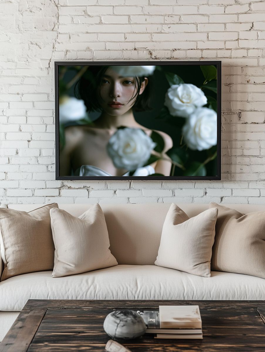 White Camellia Portrait Print. — room view 1