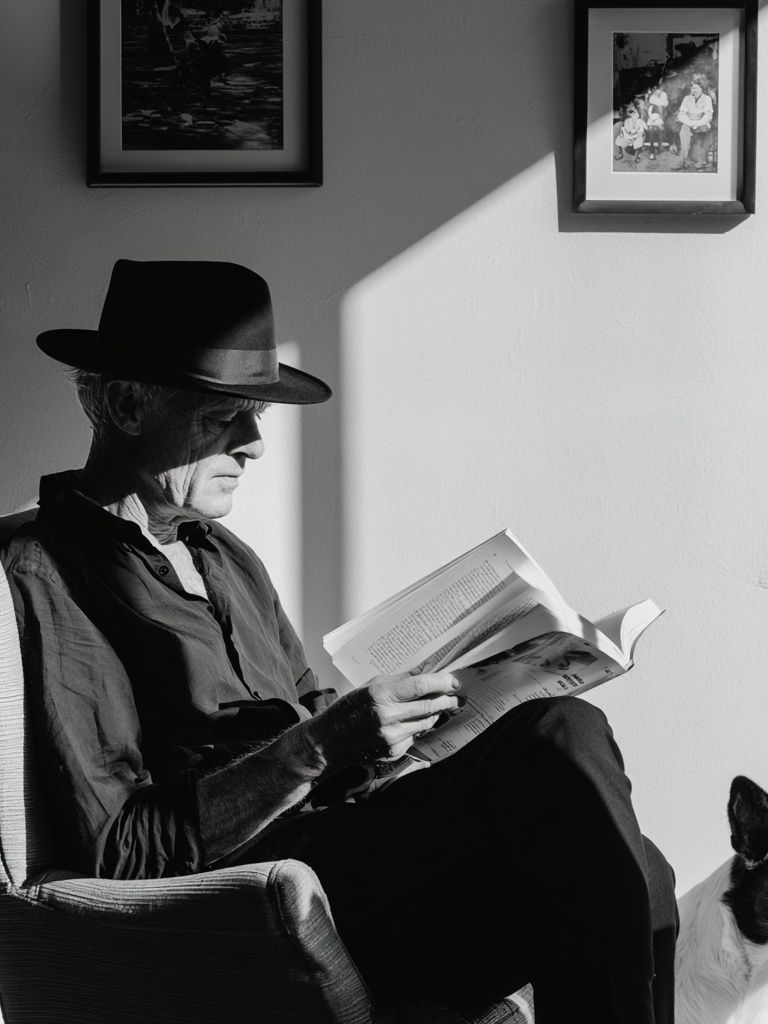 Man Reading with Dog Black-White Poster. poster — photography art