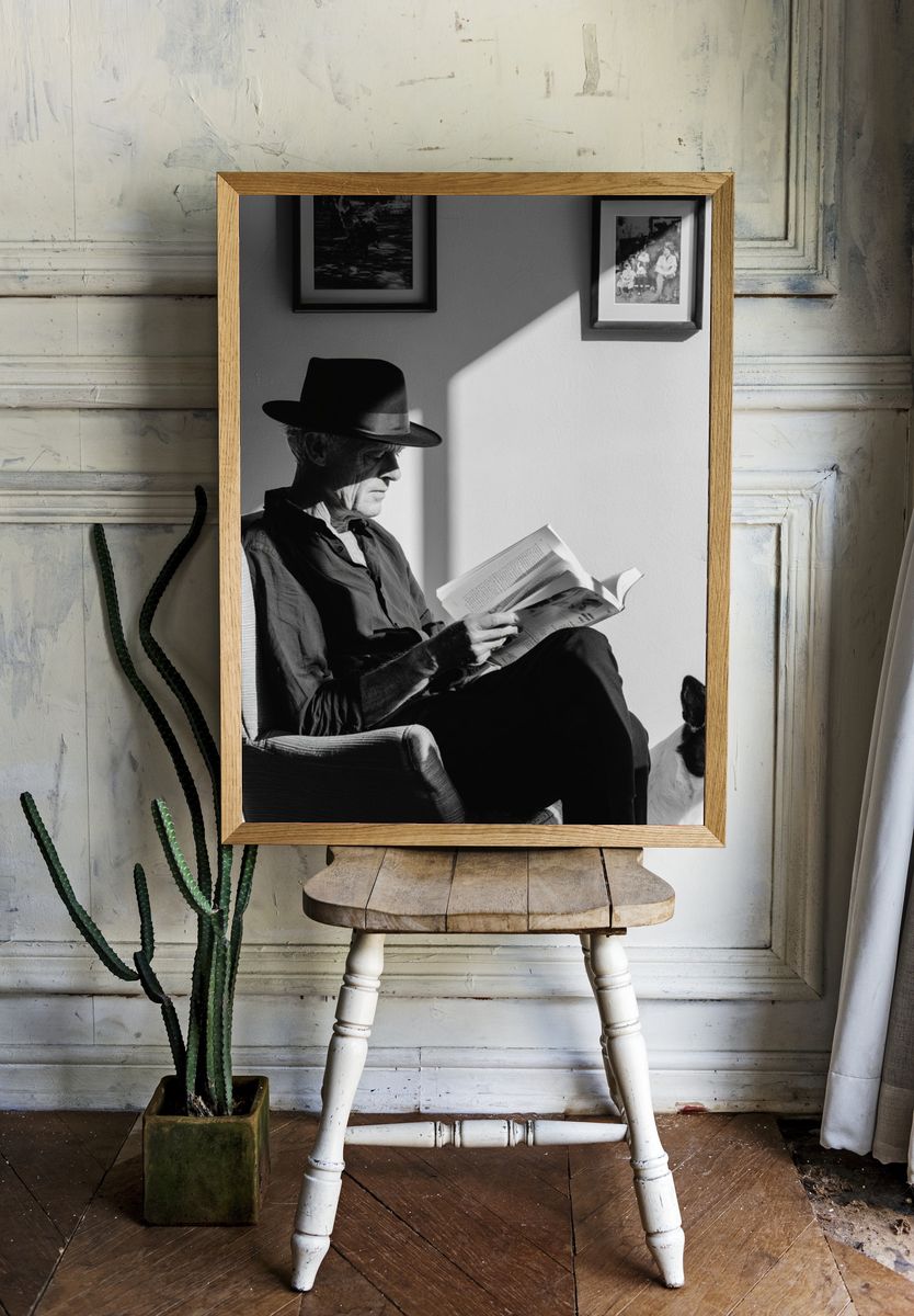 Man Reading with Dog Black-White Poster. room preview