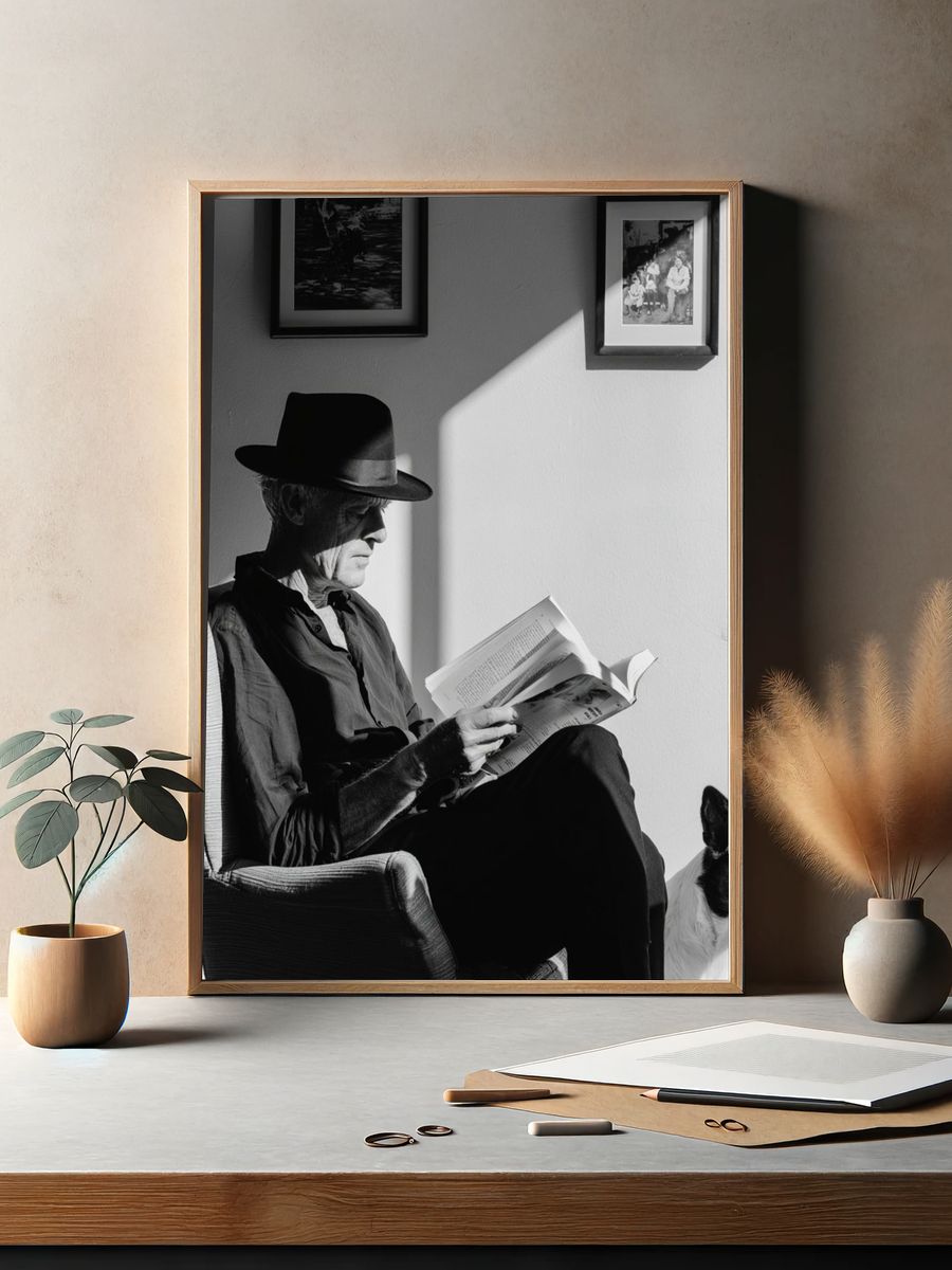 Man Reading with Dog Black-White Poster. — room view 2