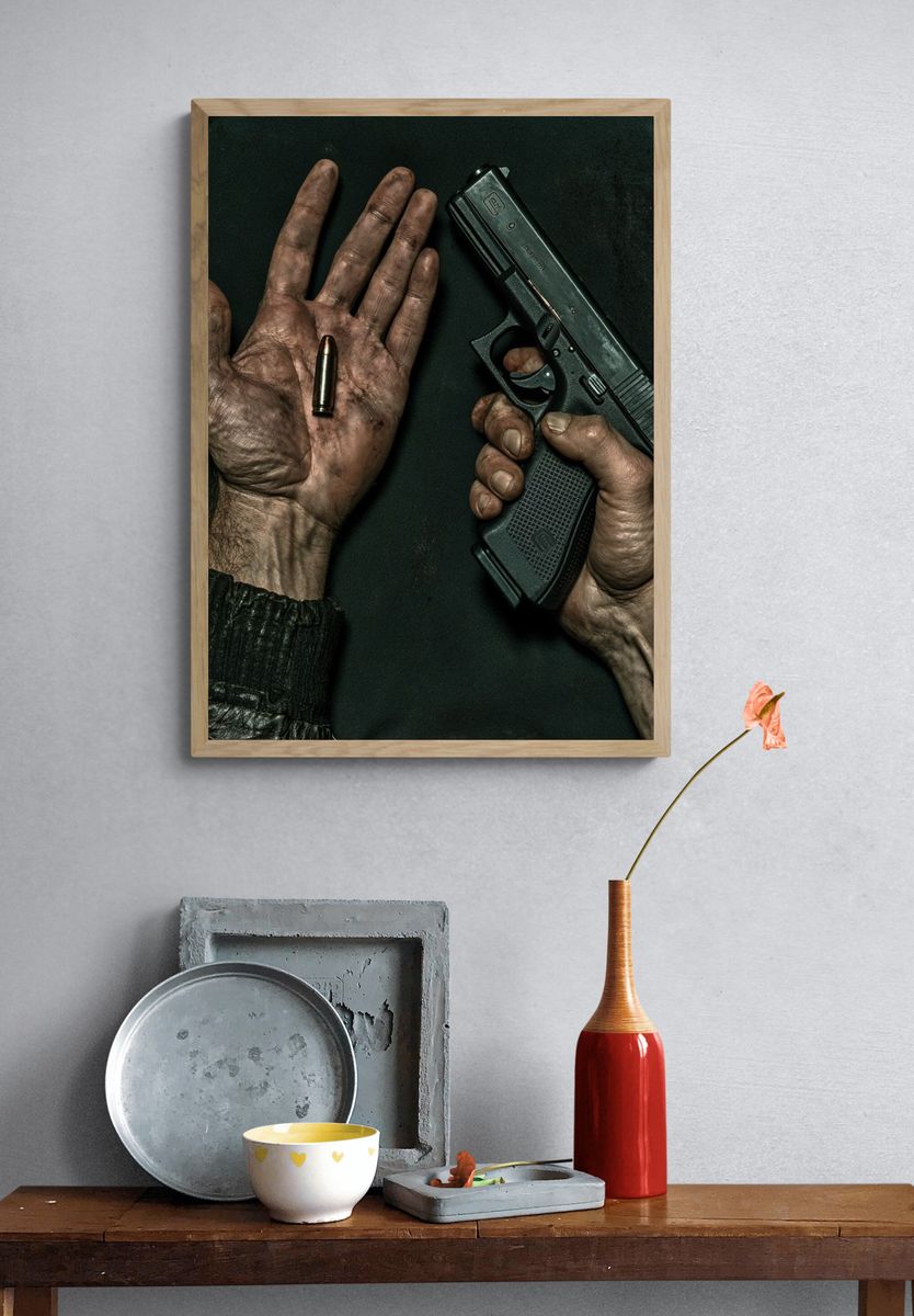 Bullet and Hand Photography Poster. — room view 3