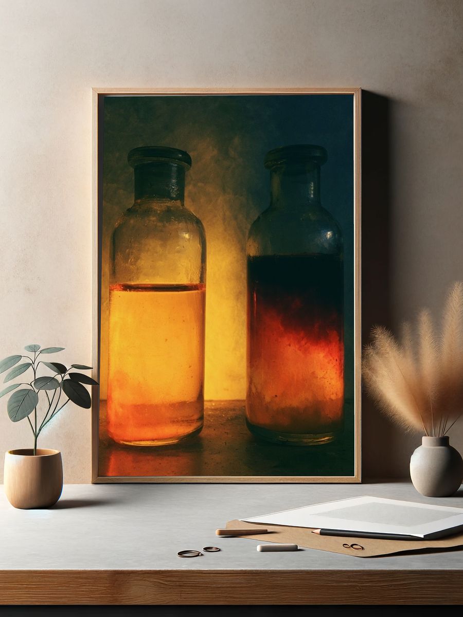 Glowing Glass Bottles Photography Poster. — room view 2