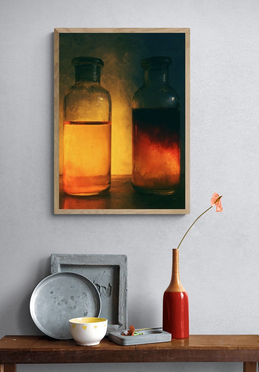 Glowing Glass Bottles Photography Poster. — room view 3