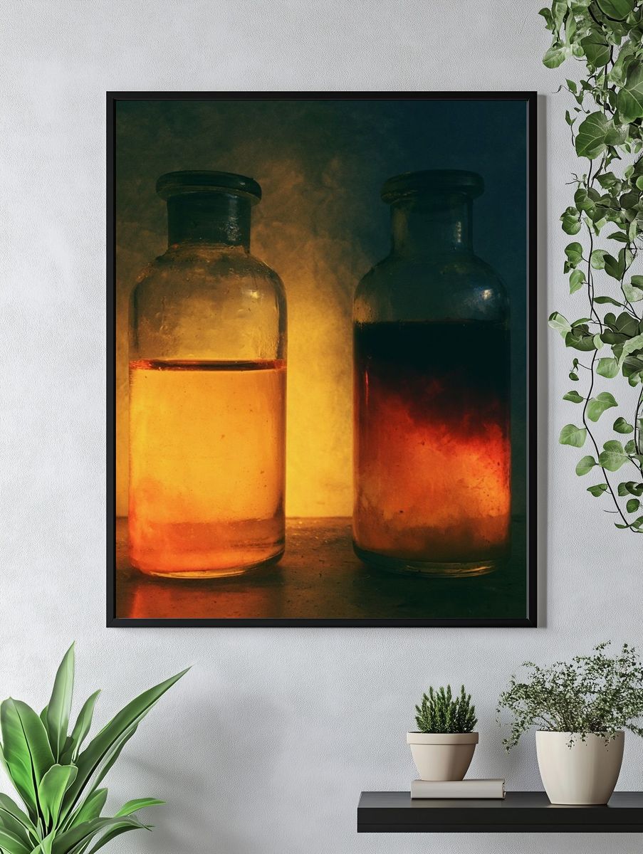 Glowing Glass Bottles Photography Poster. — room view 4