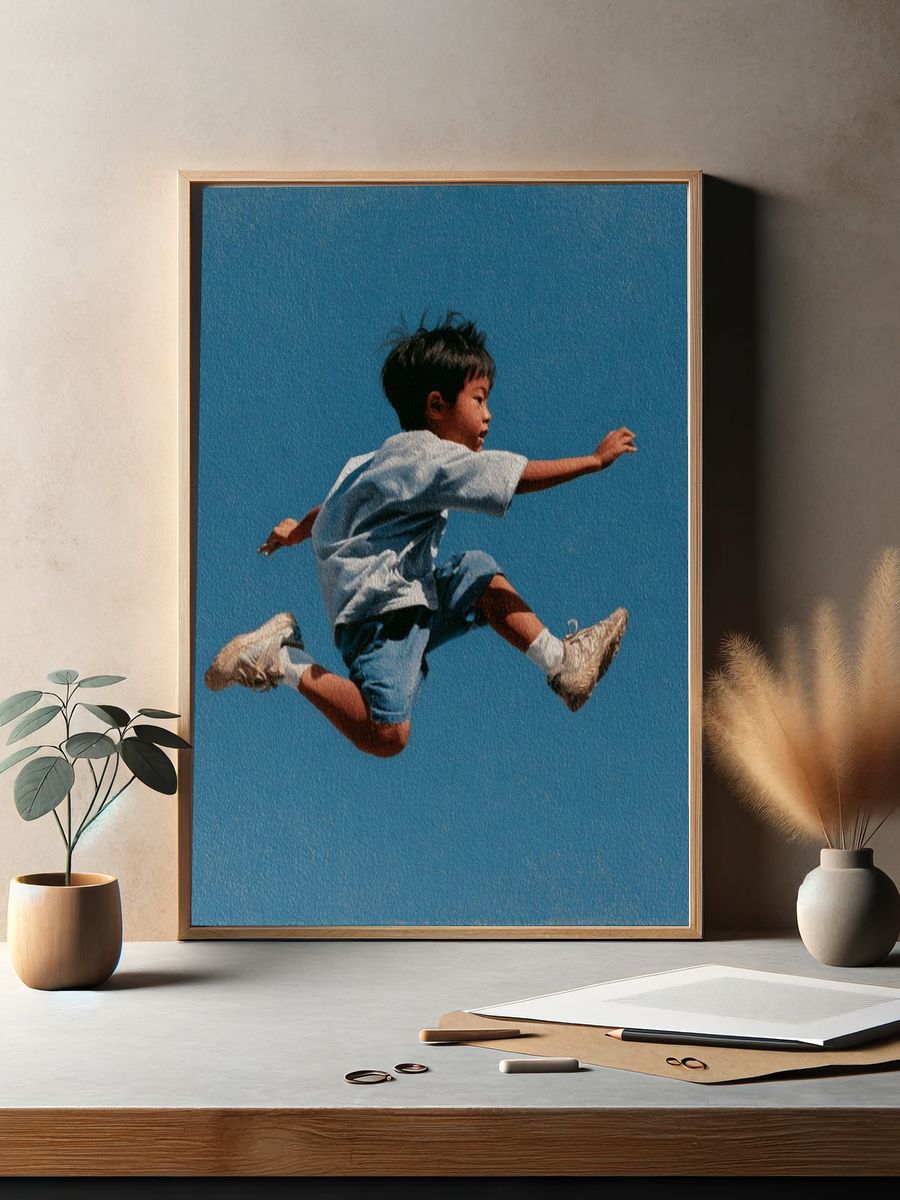 Boy Jumping Blue Sky Poster. — room view 2