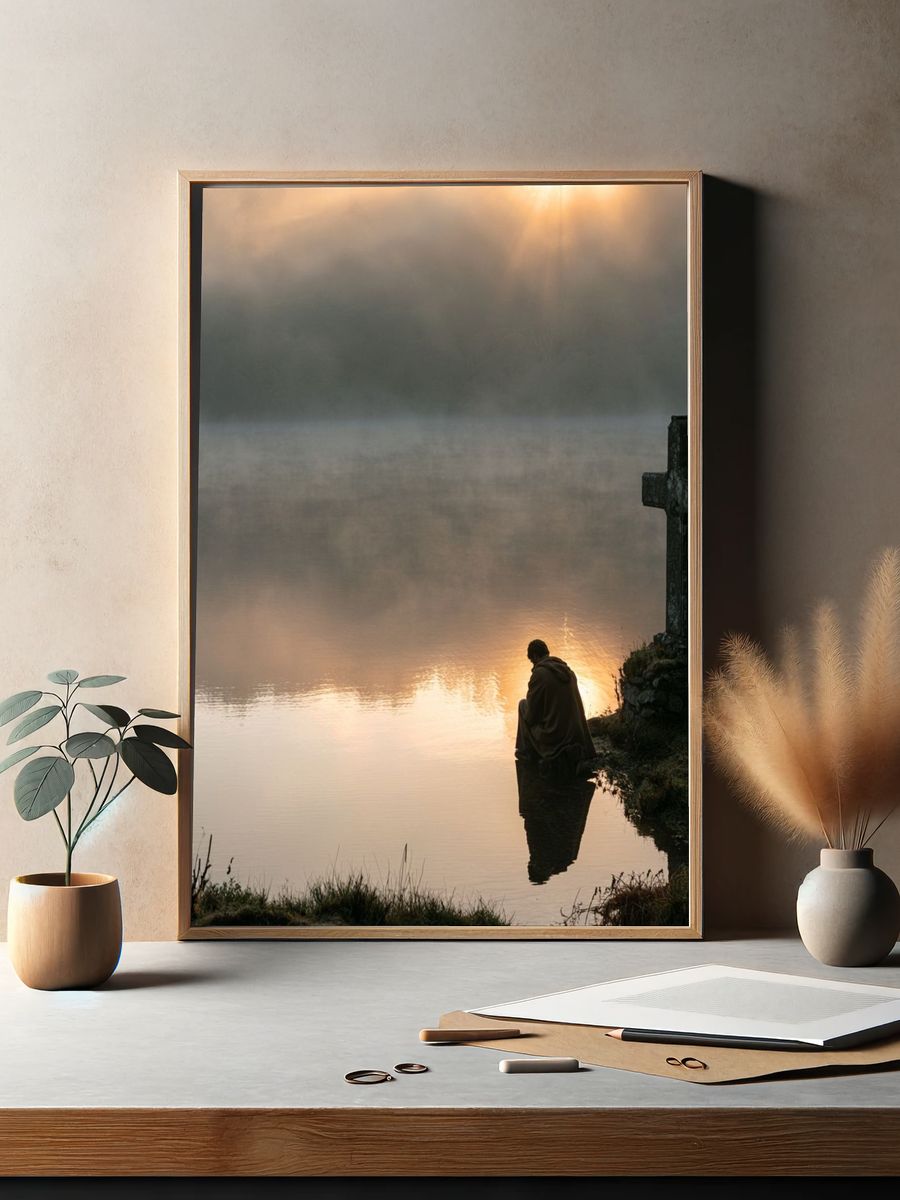 Misty Lake Cross Photography Poster. — room view 2