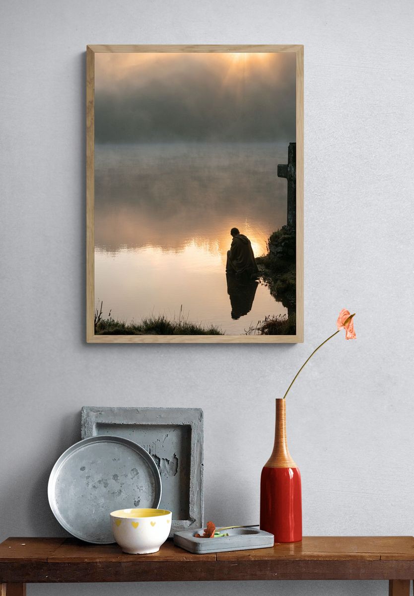 Misty Lake Cross Photography Poster. — room view 3